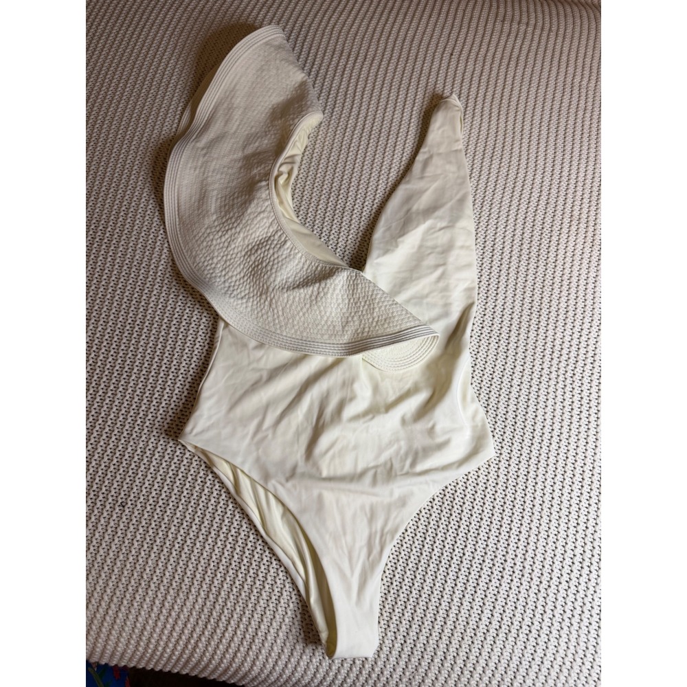 Johanna Ortiz Cream Ruffle One Piece Swimsuit Deep V Neck Resortwear Small